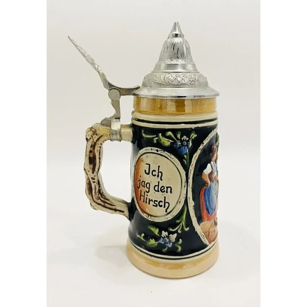 Thewalt Beer Stein Deer Hunter Pewter Lid West Germany Ich Jag Den Hirsch 7”